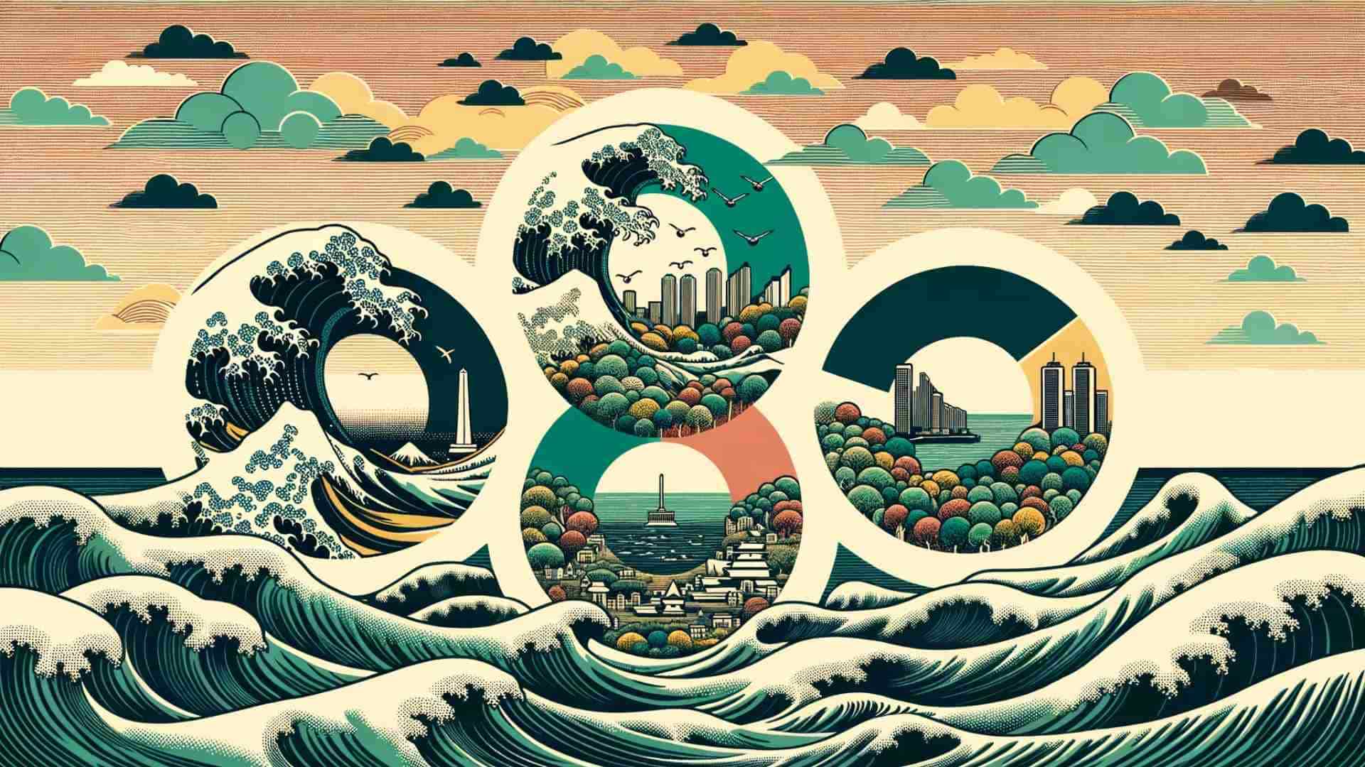 An illustration of ocean waves. There are four circles on top of it. Each contains a city.