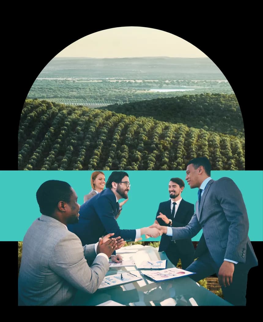 Two businesspeople shaking hands across a table during a meeting