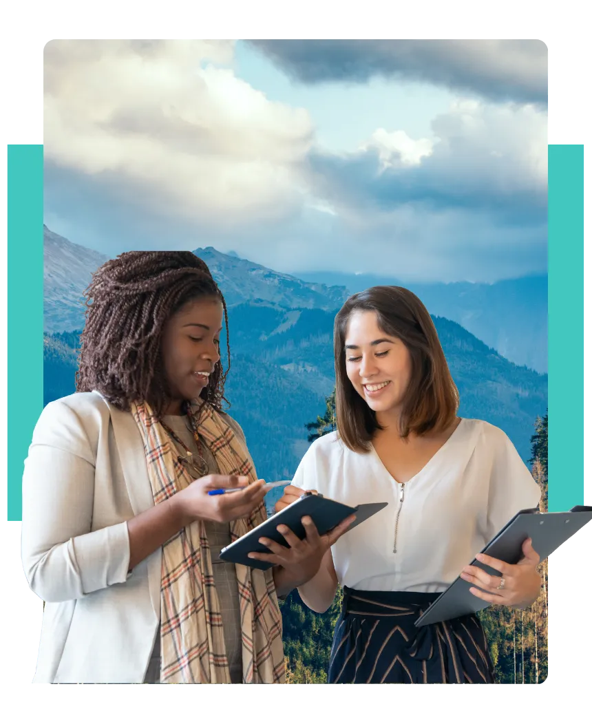 Two women talking about sustainability practices