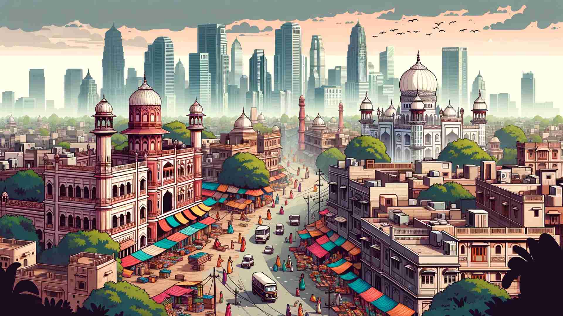 An illustration of a busy city in India with a road in the middle.