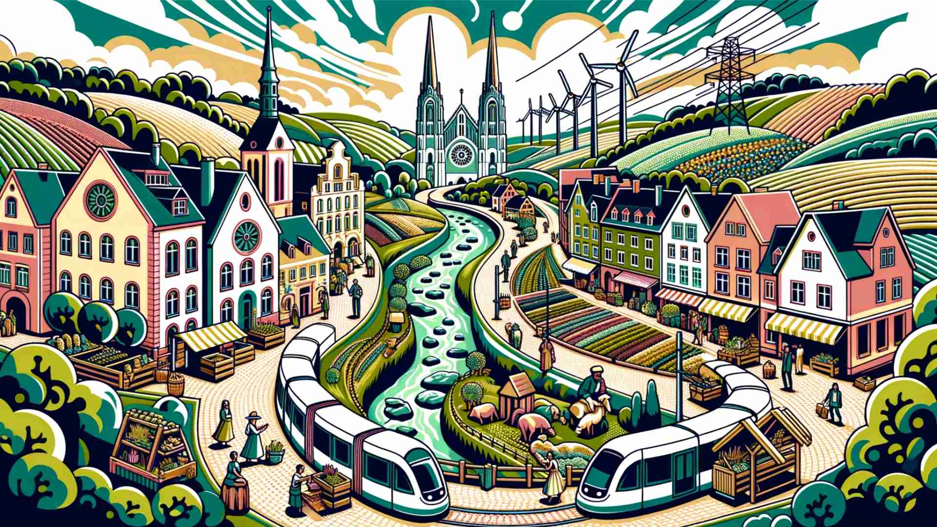 An illustration of a European town equipped with renewable energy and public transportation.
