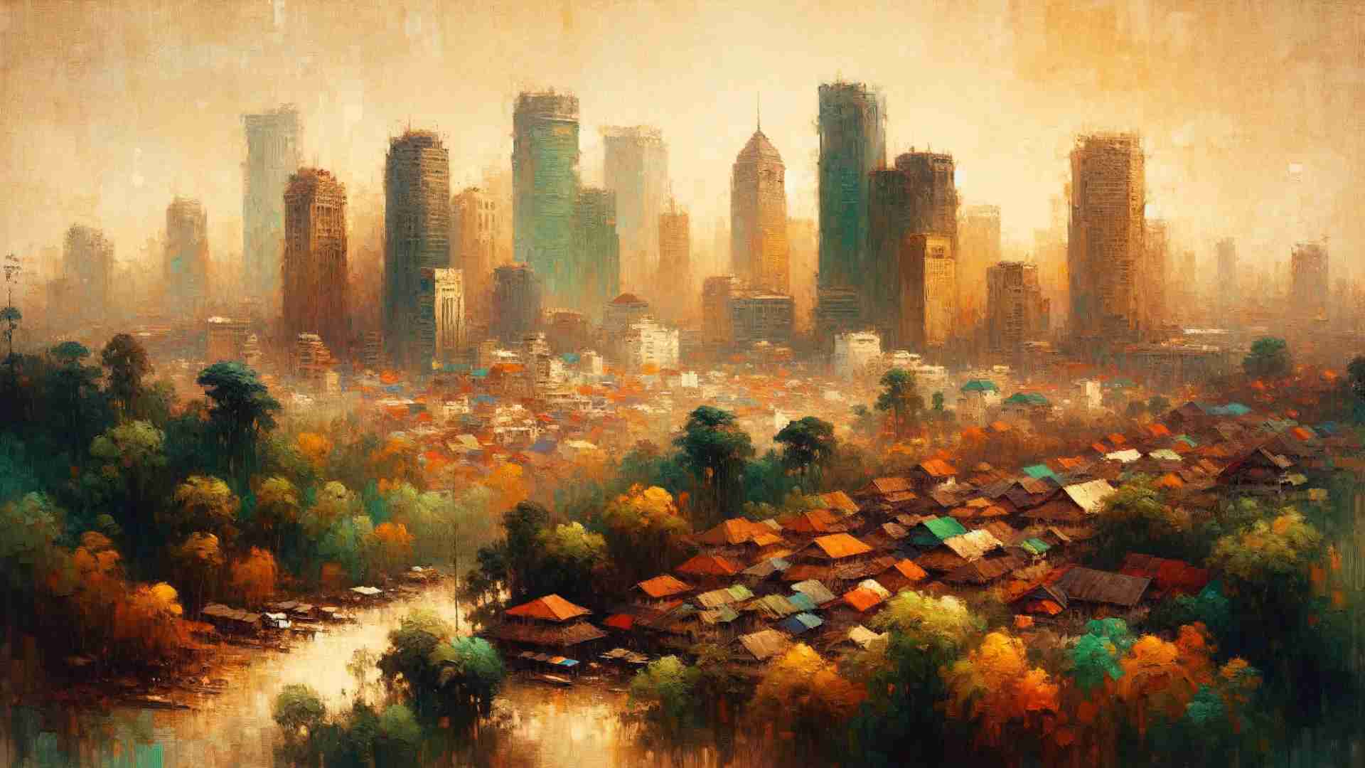An illustration of a city in Indonesia containing houses and high-rises.