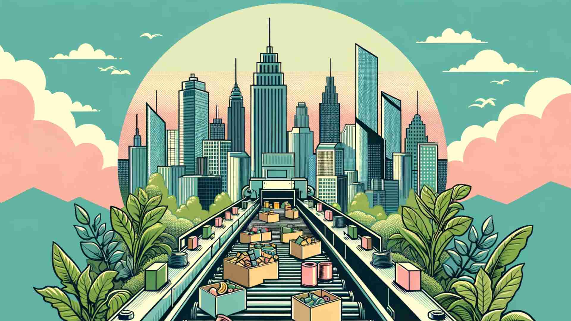 A conveyer belt lined with plants leading to a city encompassed in a yellow circle.