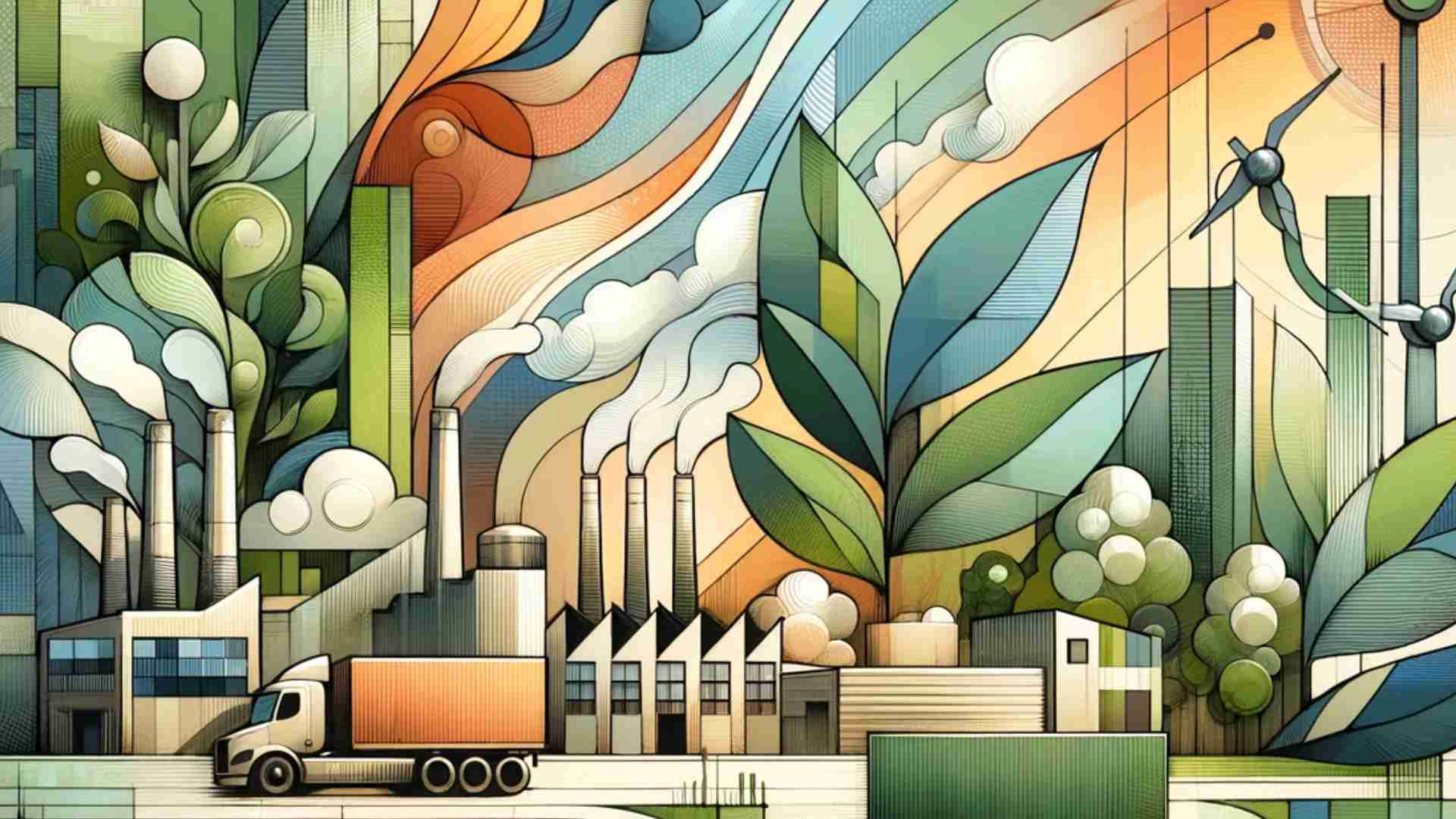 An abstract illustration of a busy manufacturing plant and its emissions.