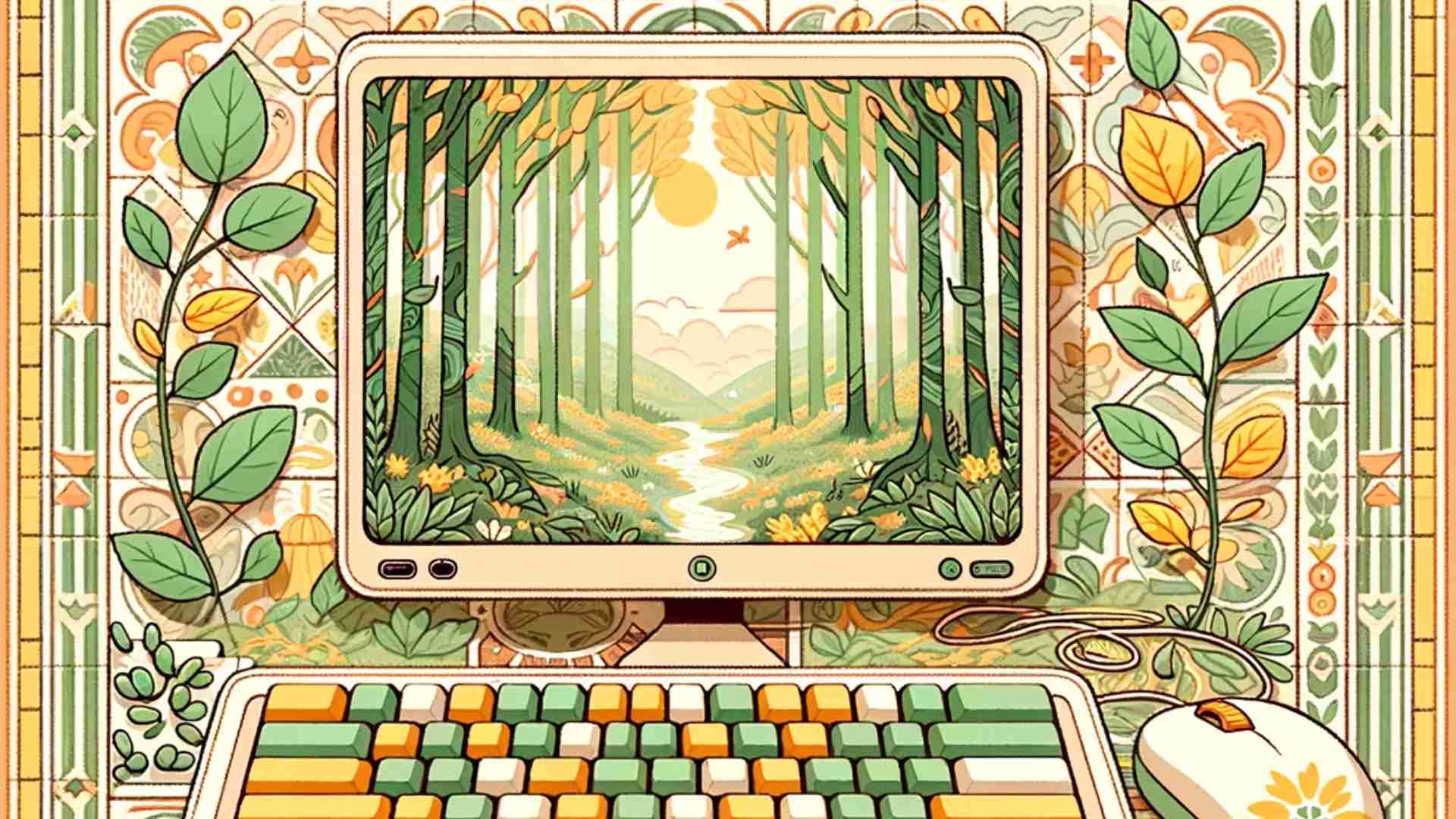 A tiled illustration of a green and yellow desktop with plants and a forest as its wallpaper.