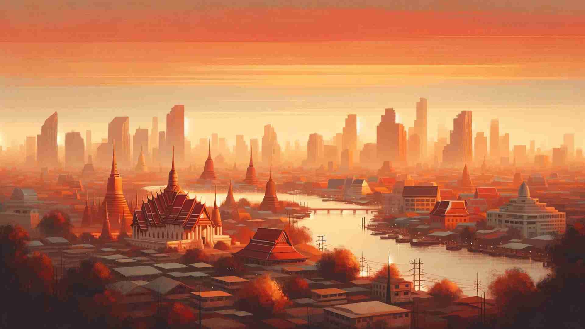 An illustration of a city in Thailand with a river coursing through it.