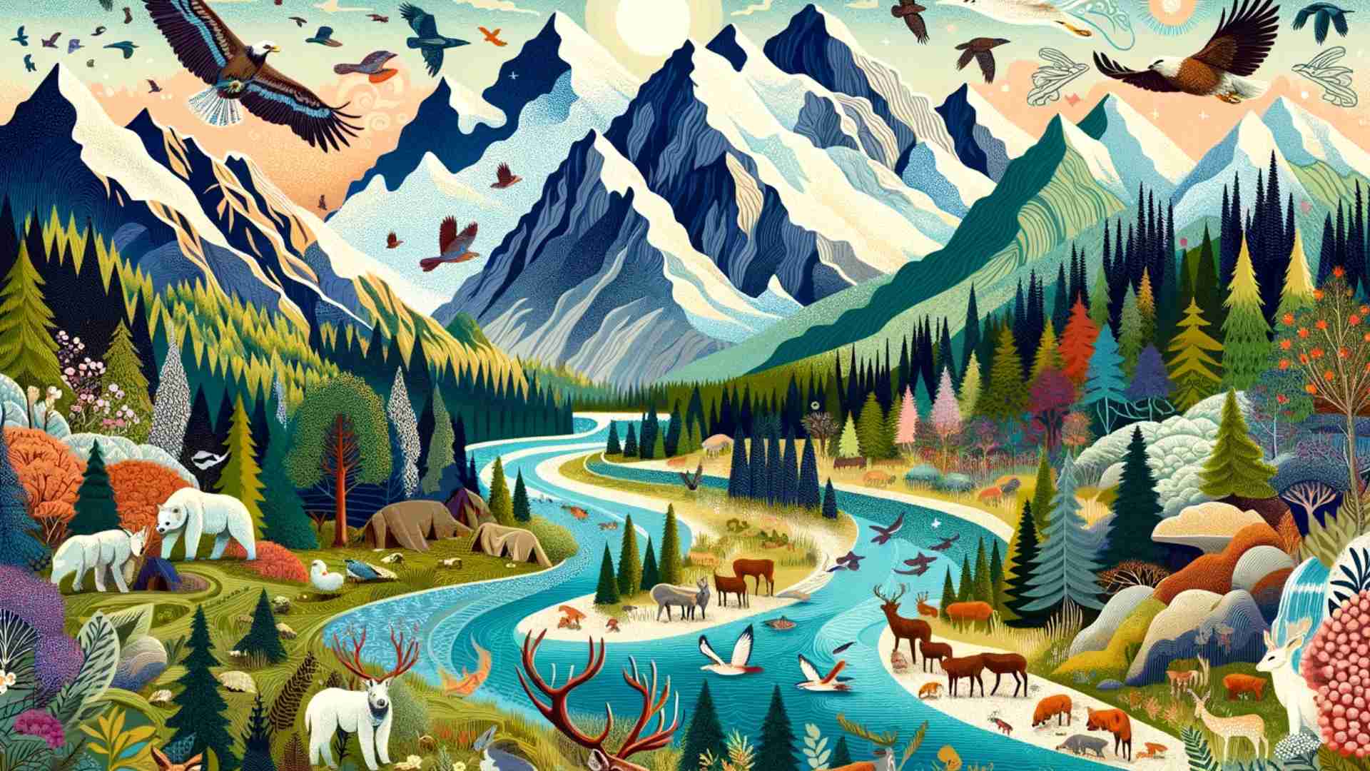 An illustration of a mountain range with animals and a river.