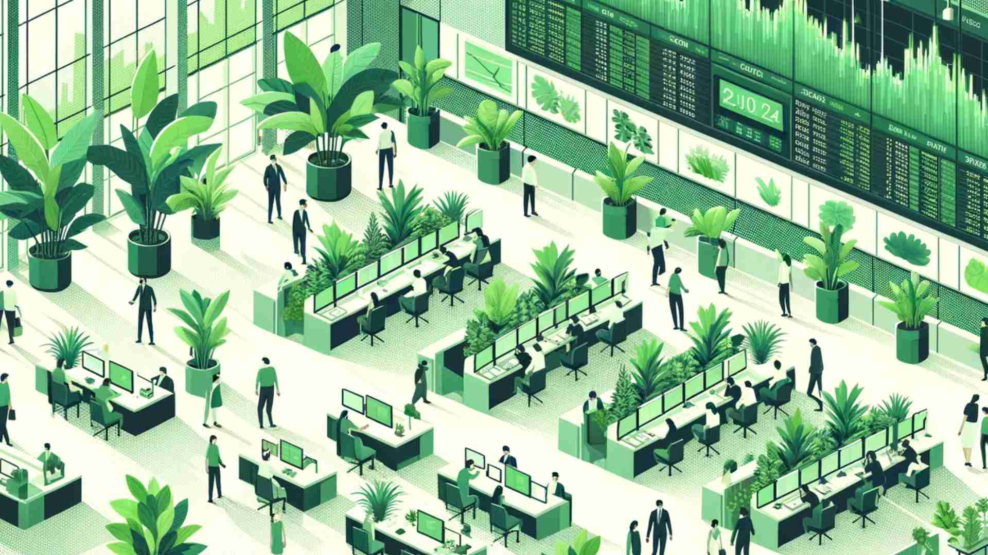 An illustration of people working in a green office with data posted on a wall.