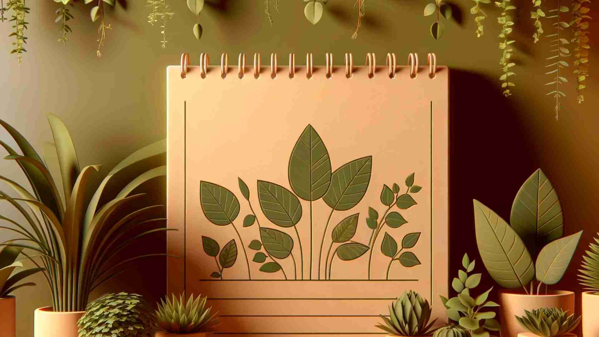 An illustration of potted plants in a sketchpad, which is laid on a desk containing more plants.