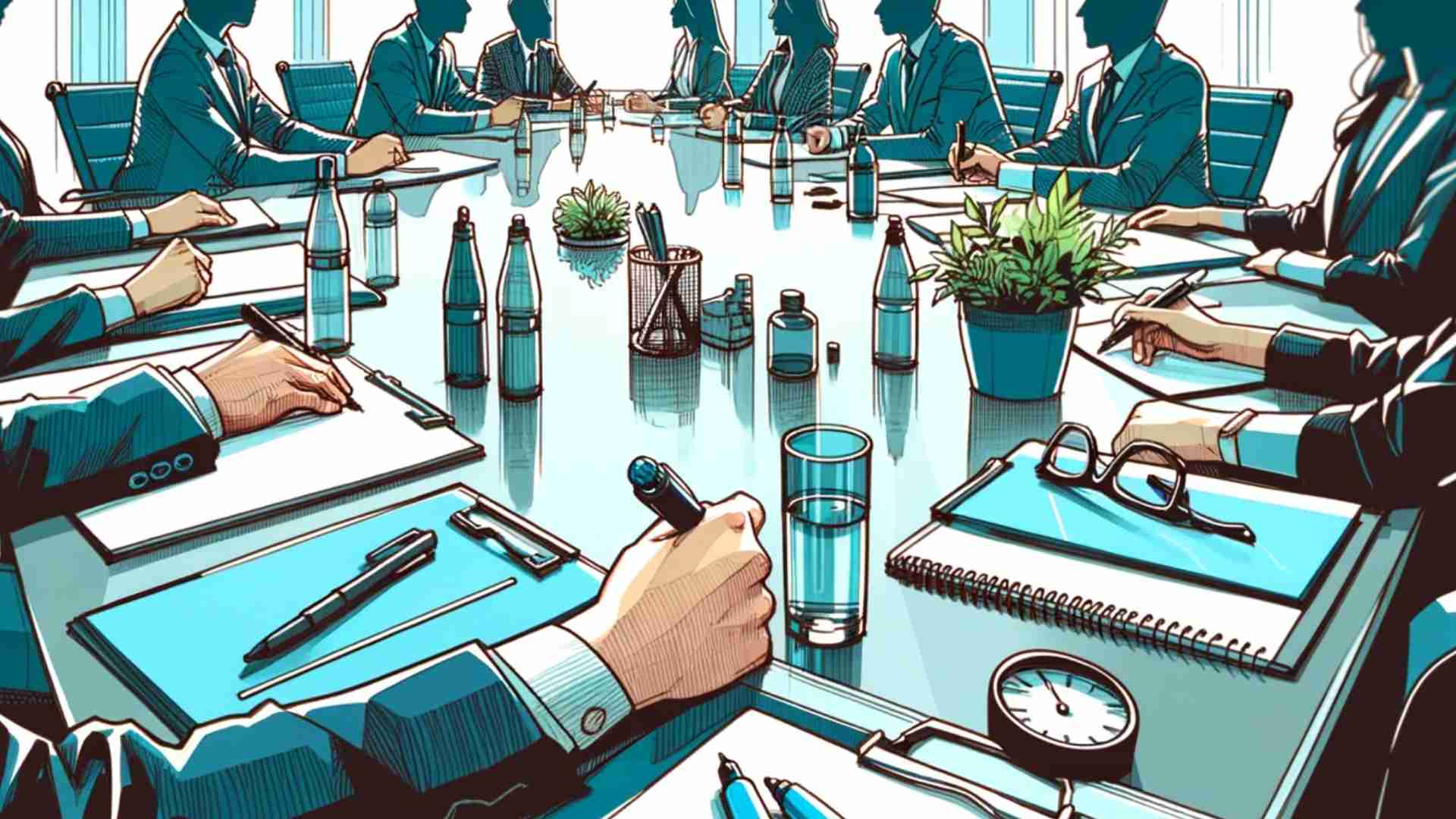 A close-up illustration of a meeting around a large table.