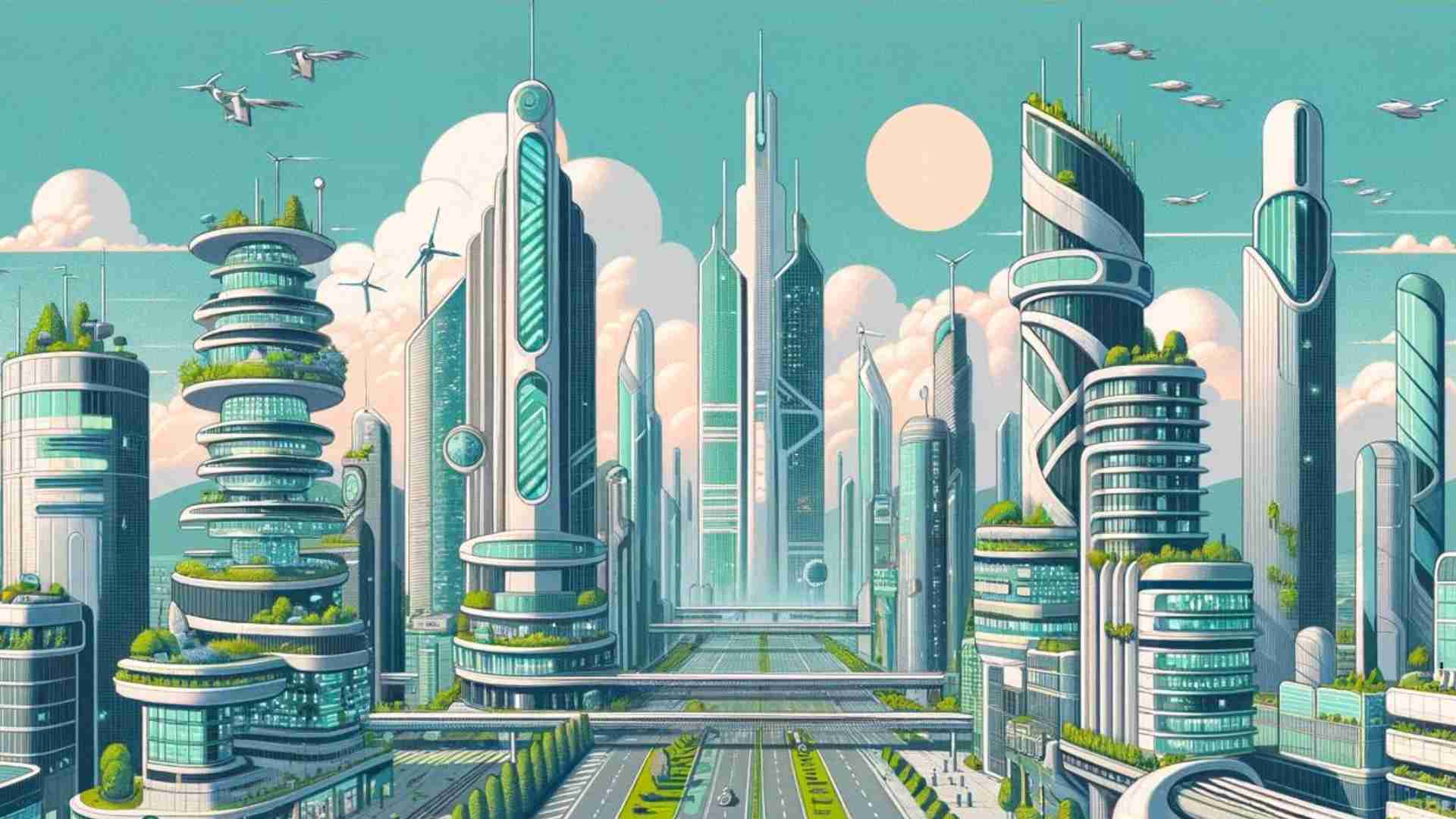 A futuristic cityscape with planes flying overhead.