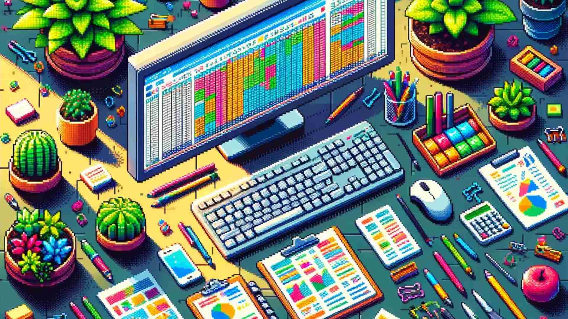A laptop with data. It is surrounded by office supplies and plants illustrated in an 8-bit style.