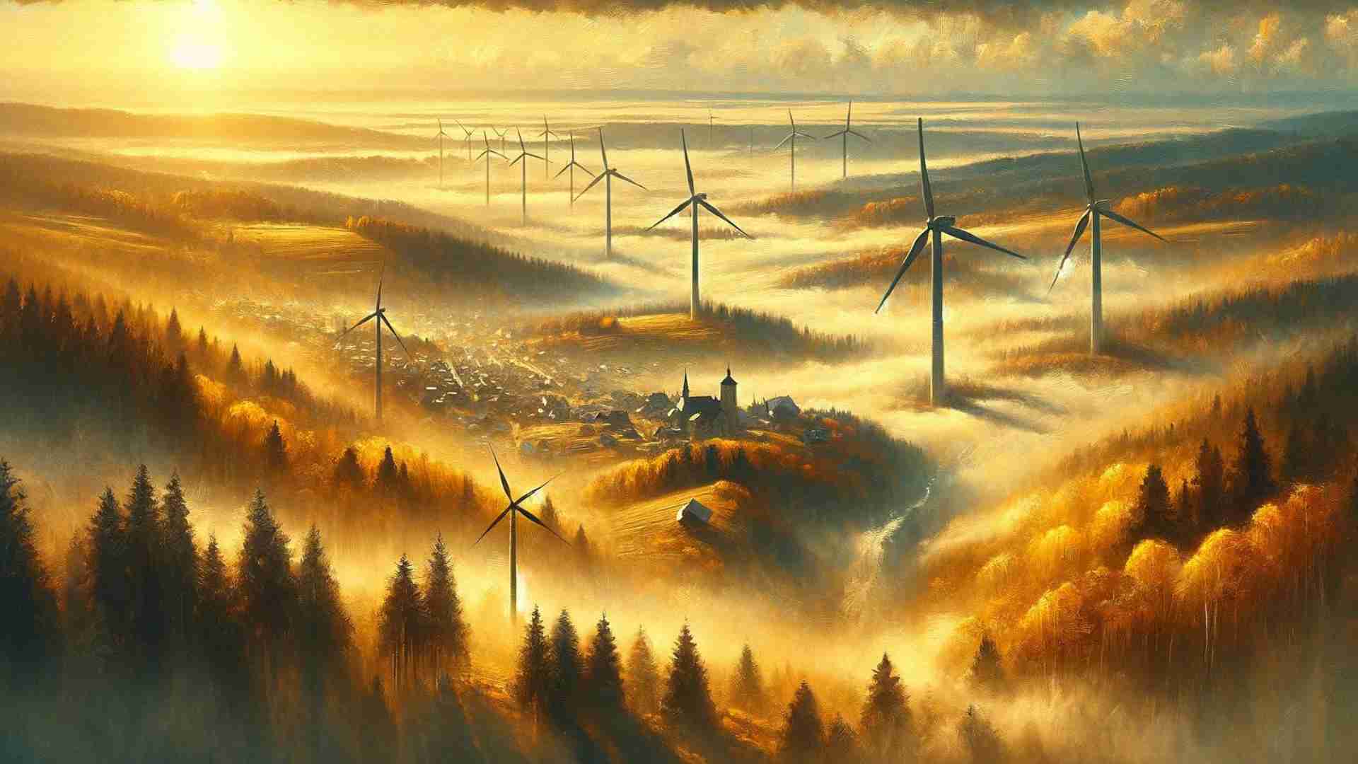A village in a foggy mountain range with wind turbines.