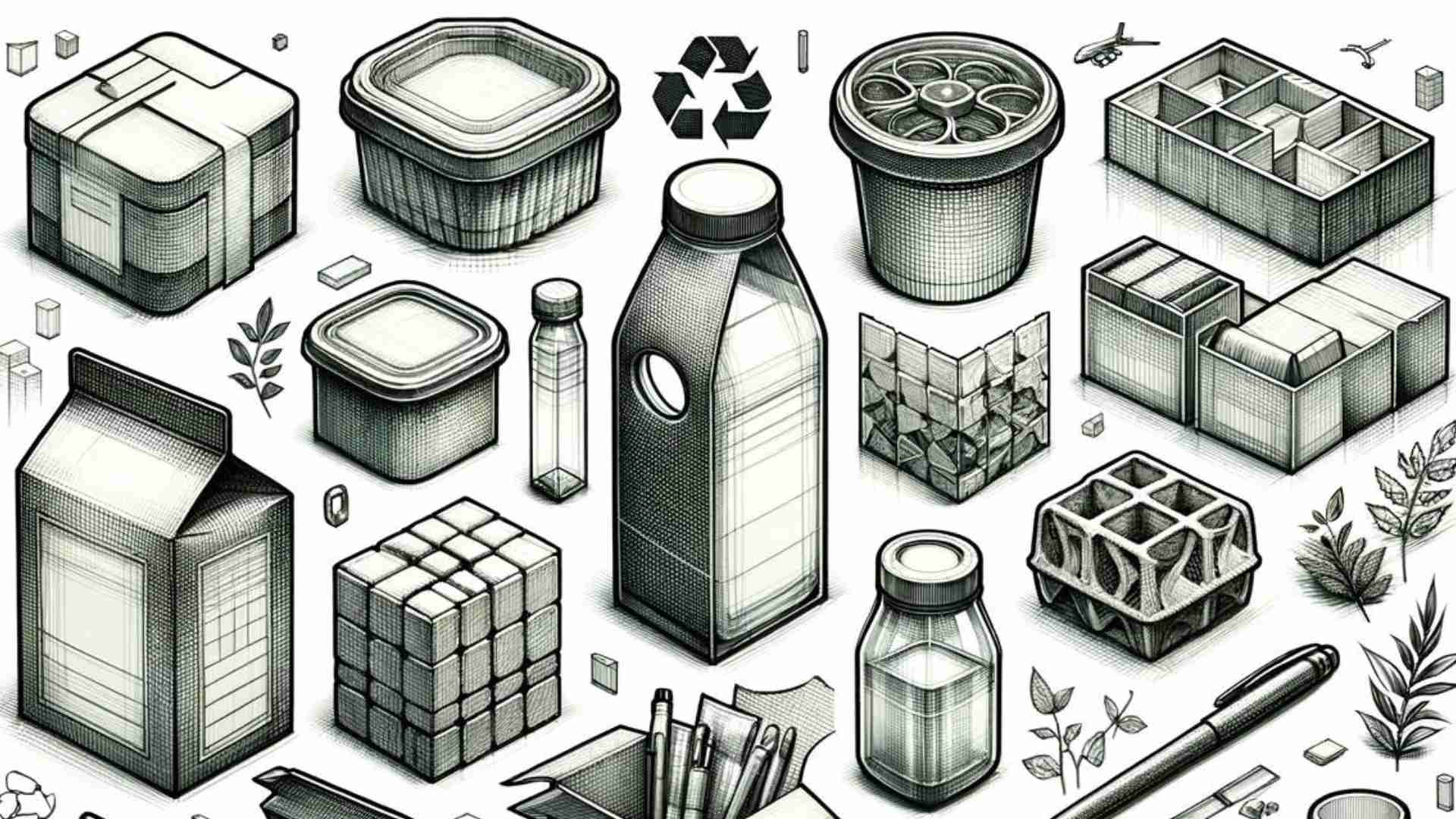 Multiple sketches of sustainable product mockups.