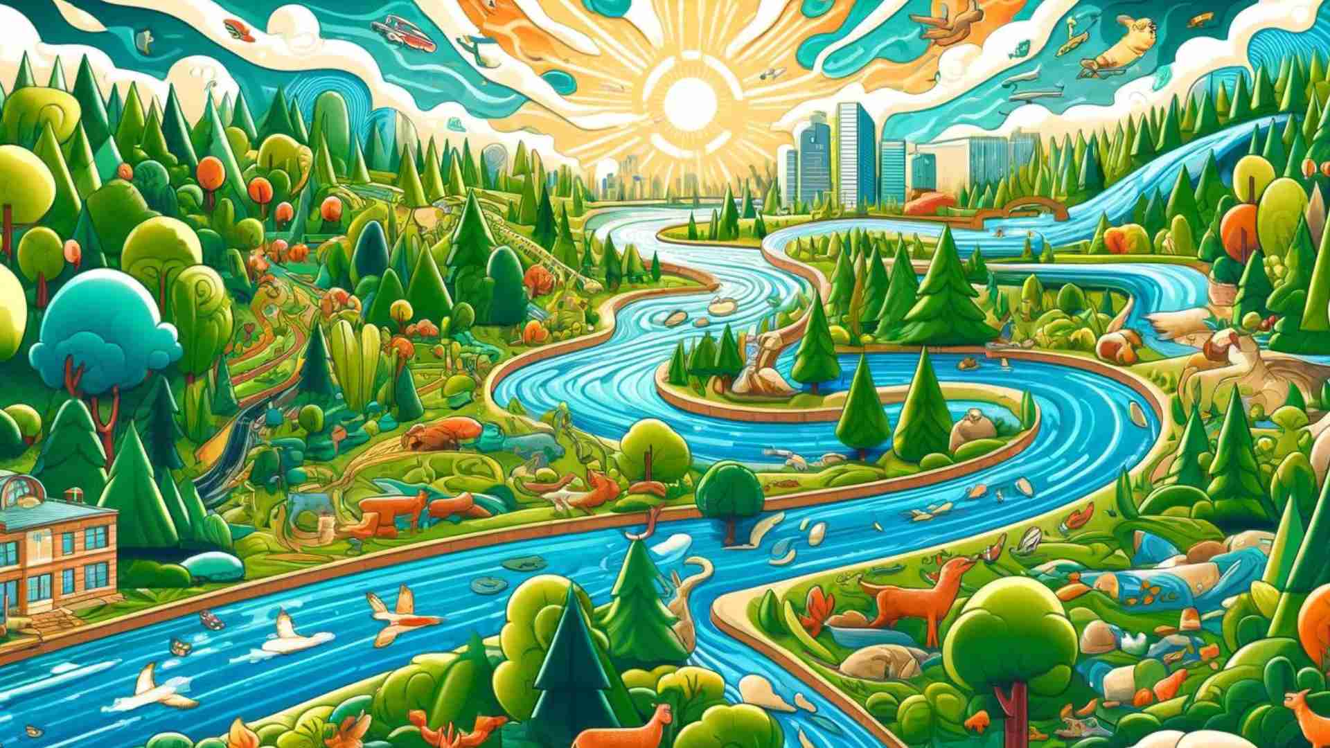 A river flowing from a forest to the city