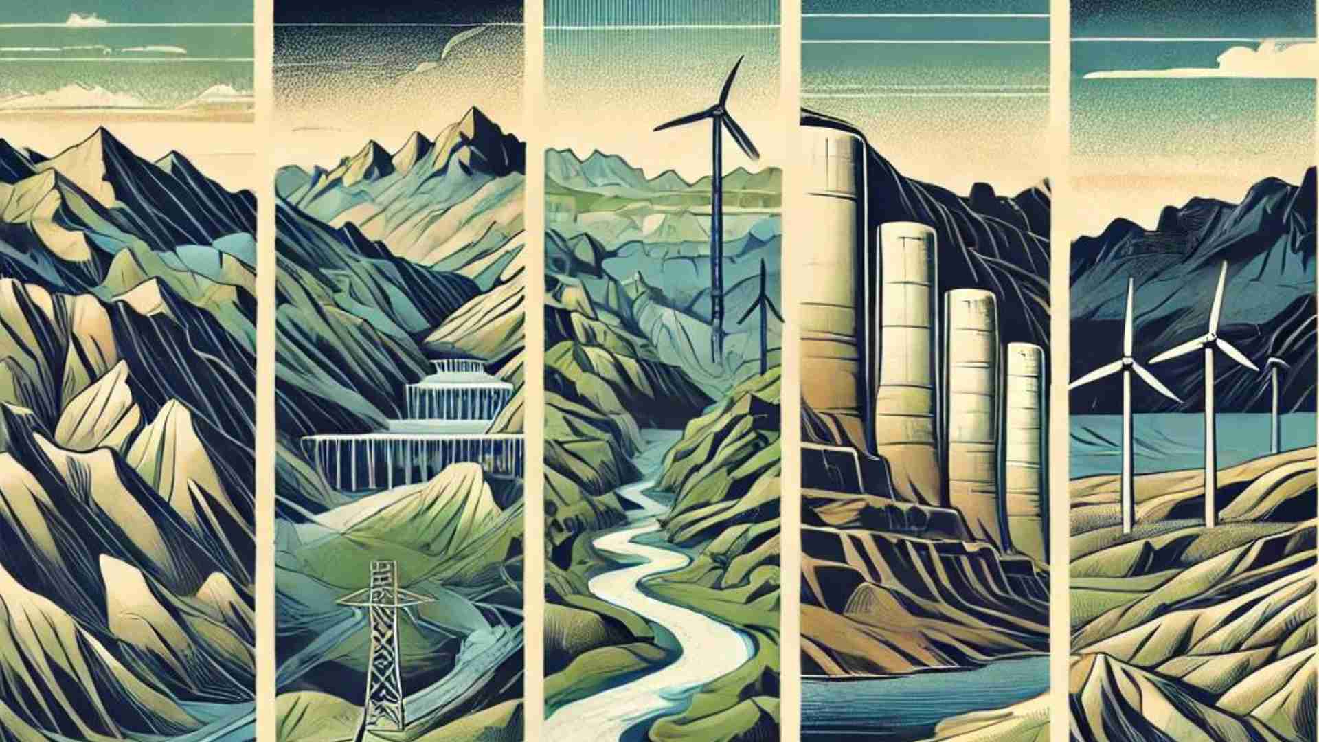 an illustration of different landscapes and renewable energy