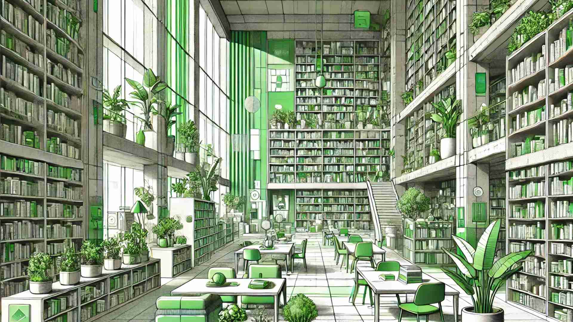 A green library full of books and plants