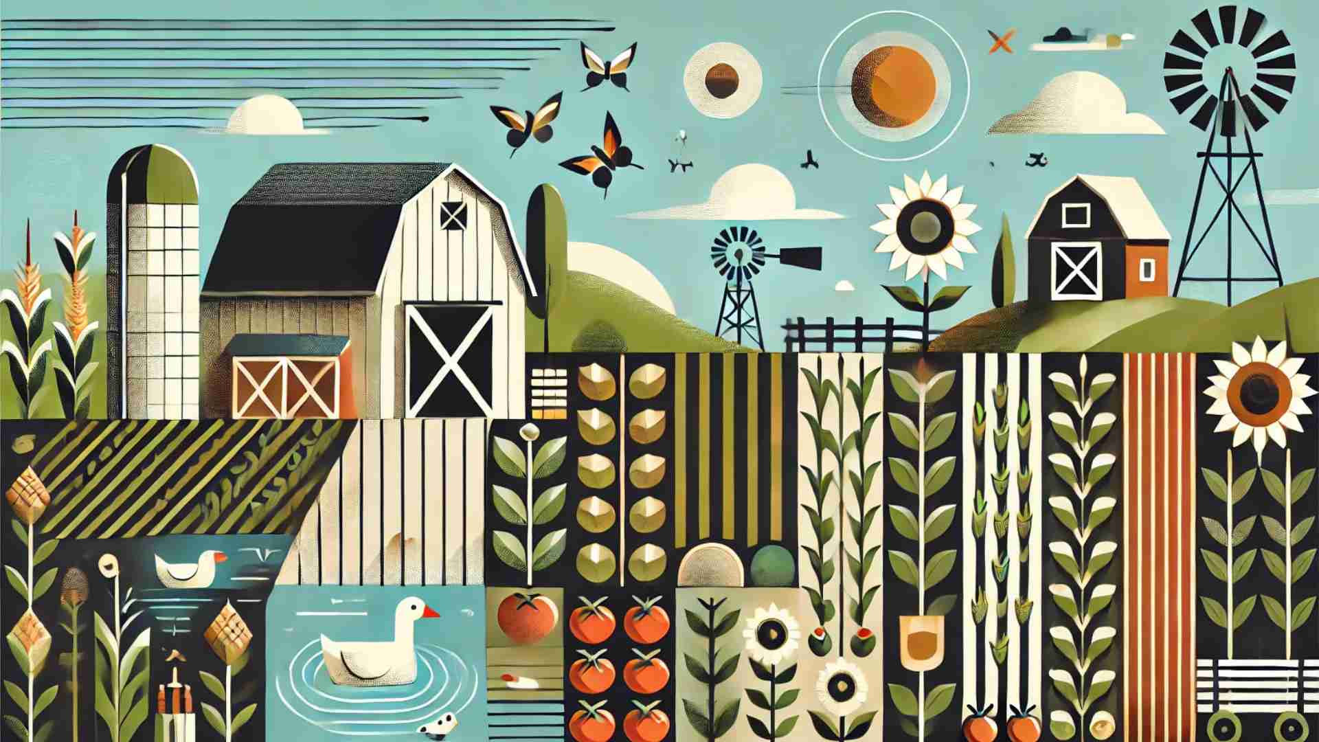a modern and minimalist illustration of a farm and different crops