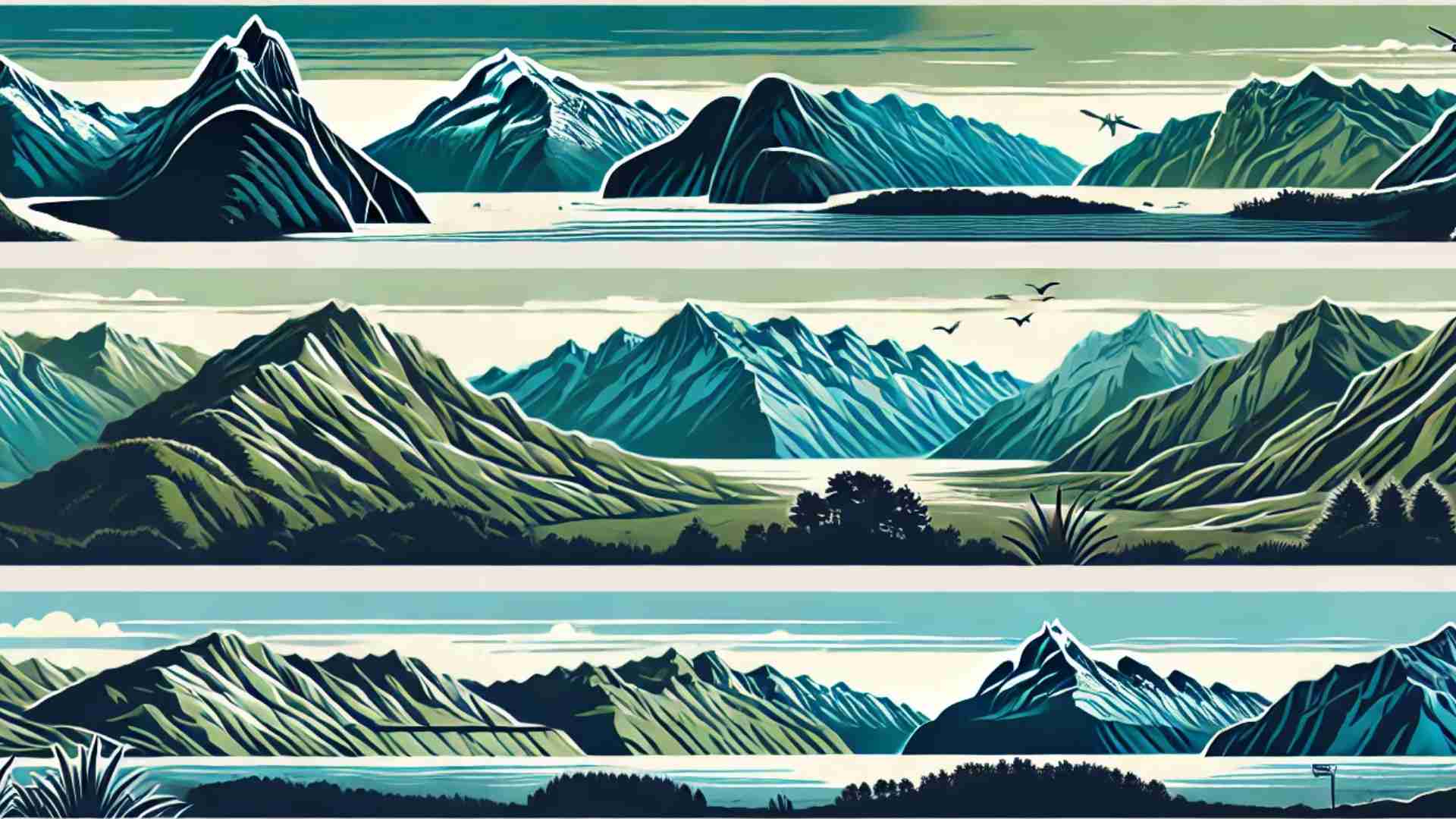 an illustration of different landscapes in New Zealand