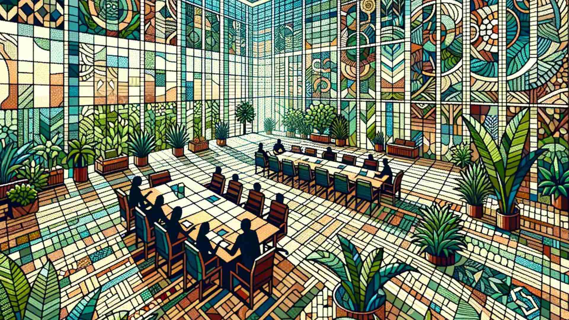 An illustration of a meeting room with plants and mosaic windows.